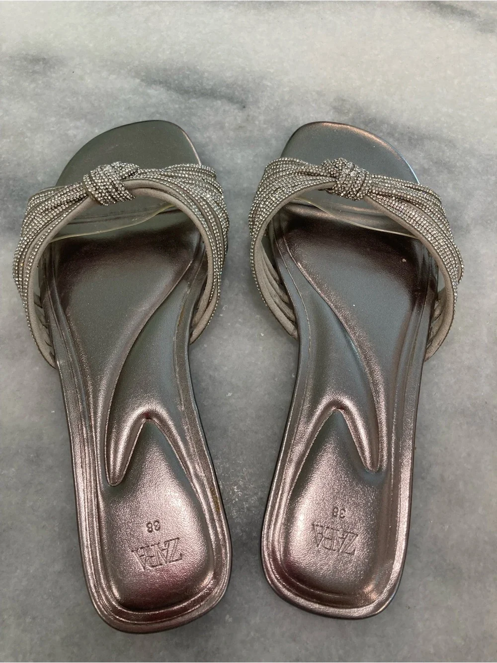ZARA Silver Rhinestone Crystal Open Toe Flat Slide Sandals - Picture 13 of 14